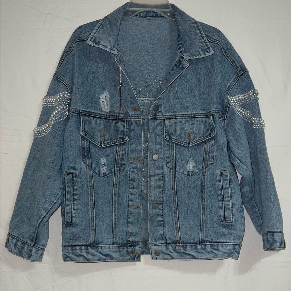 Vintage Handmade Pearl Embroidery distressed Jean Jackets